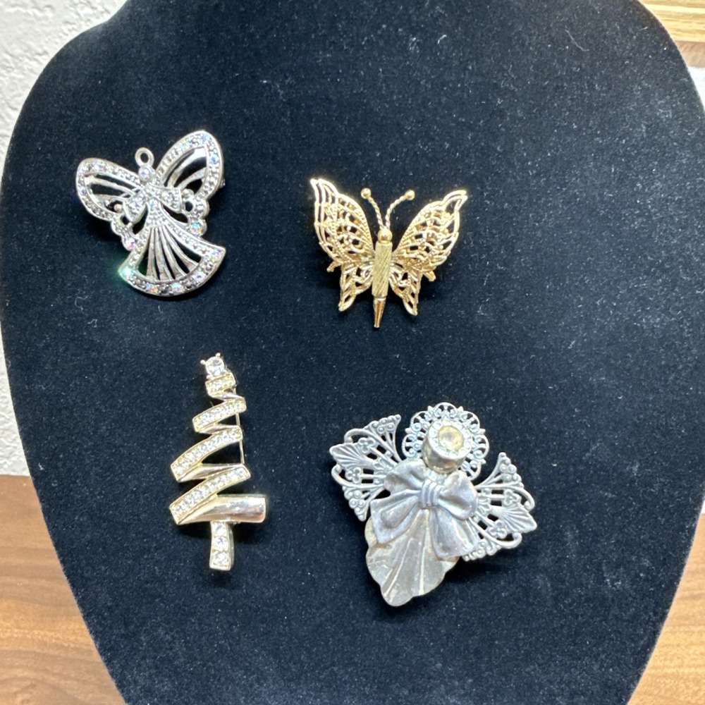 Vintage Lot Of 4, Brooch Pin Gold & Silver Butterfly, Angels, Christmas Tree